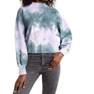 All in Favor small Tie Dye Puff Sleeve Cropped Sweatshirt Top Green Purple